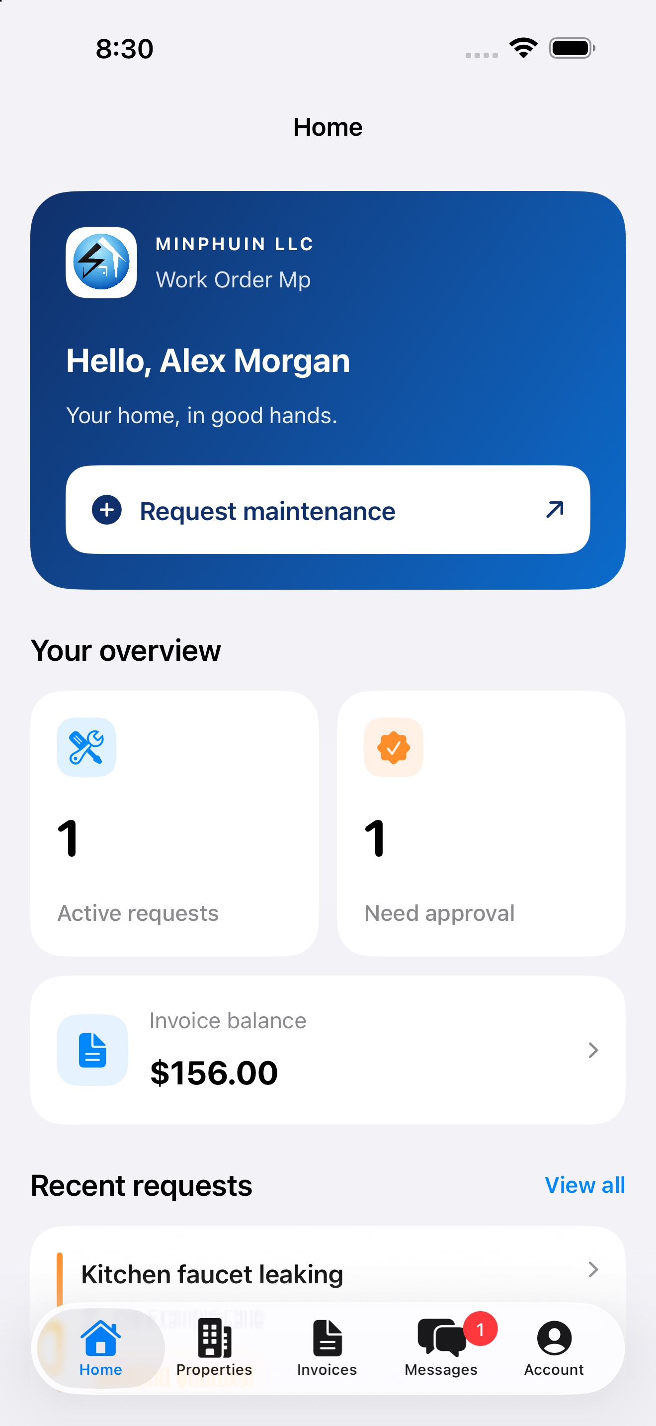 Work Order Mp home screen with fictional sample maintenance and invoice information