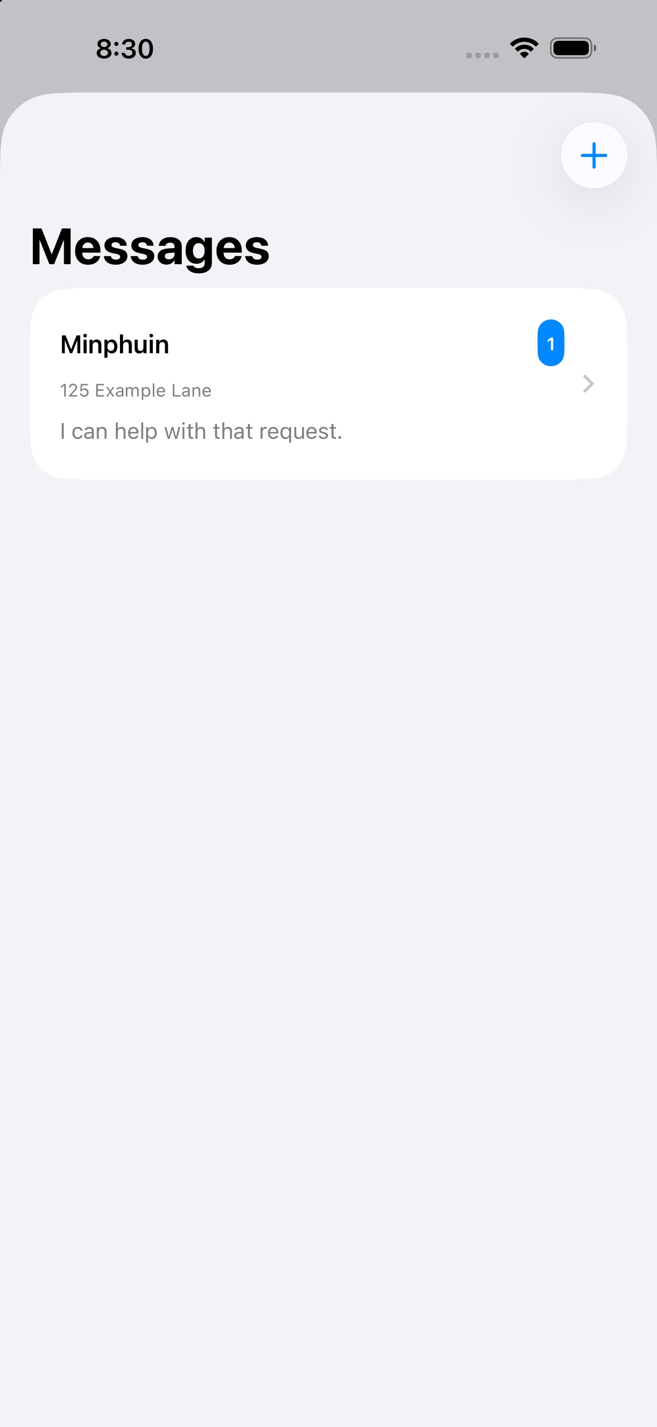 Work Order Mp messages screen with fictional sample conversations