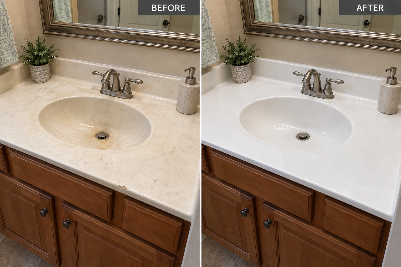 Bathroom sink & vanity before and after resurfacing — illustrative example