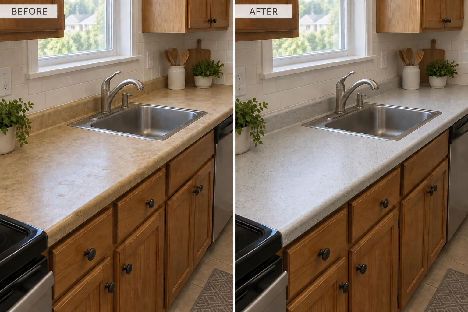 Kitchen countertop before and after resurfacing — illustrative example