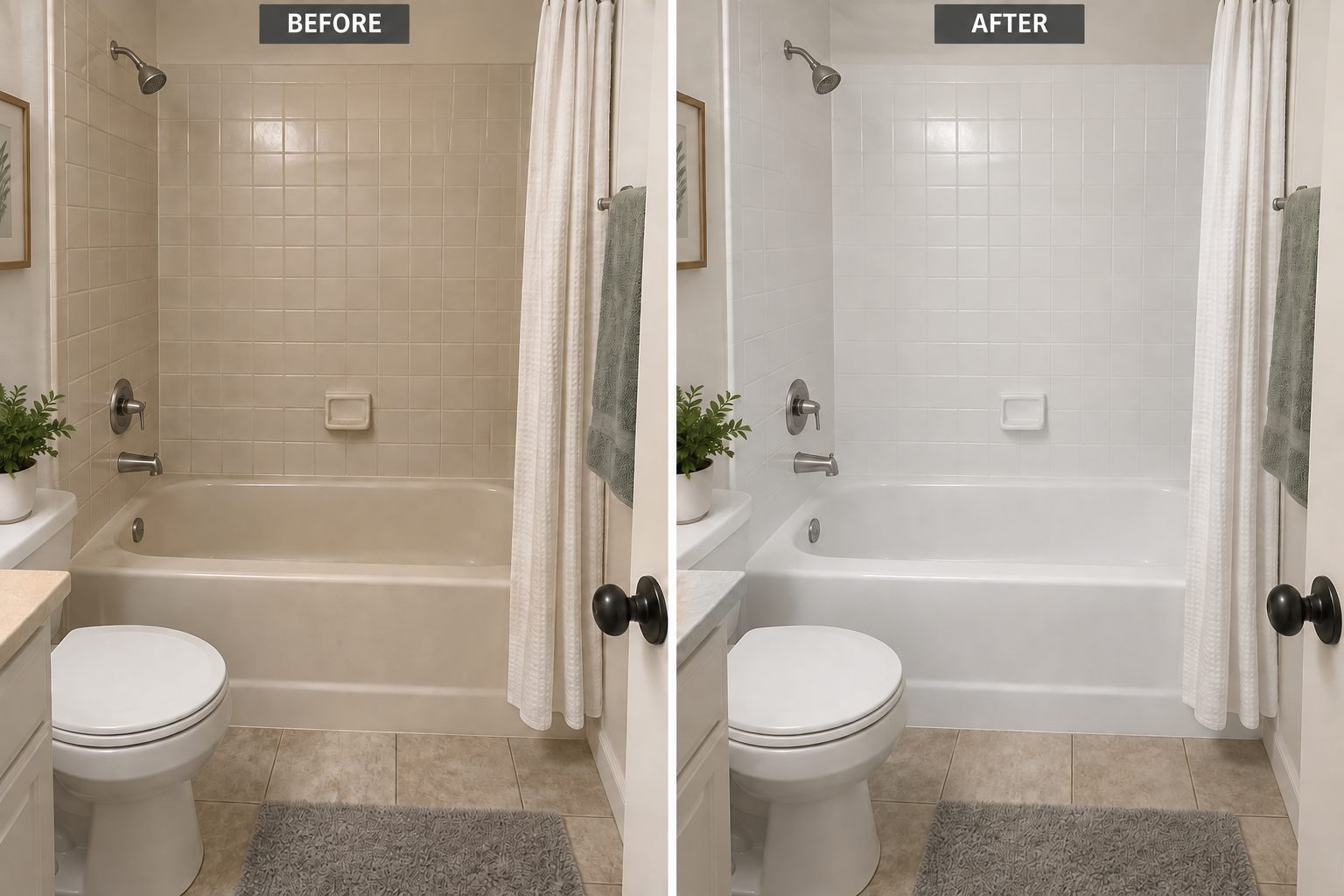 Shower walls & bathtub before and after resurfacing — illustrative example