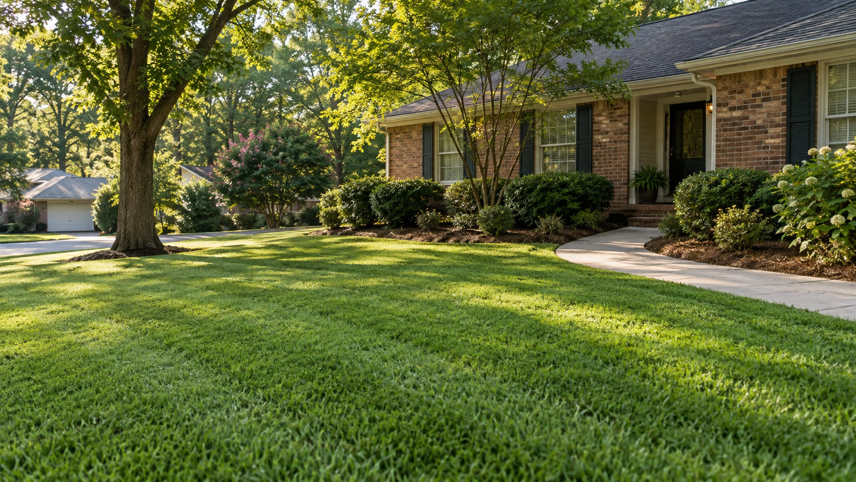 Illustrative freshly mowed lawn with clean edging beside a suburban home